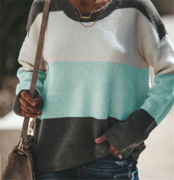 Pulover de damă modern cu dungi cu decolteu în trei culori