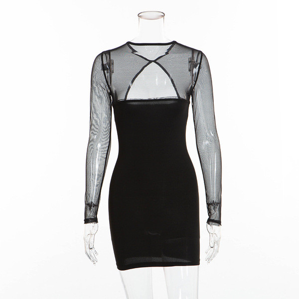 Rövid női ruha hálós ujjú fekete-fehér színben