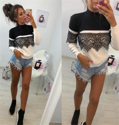 Stílusos női pamut blúz elemes - csipke két színben