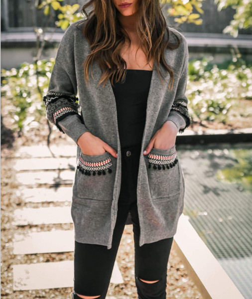 Modern női kardigán hosszú modell zsebekkel, három színben