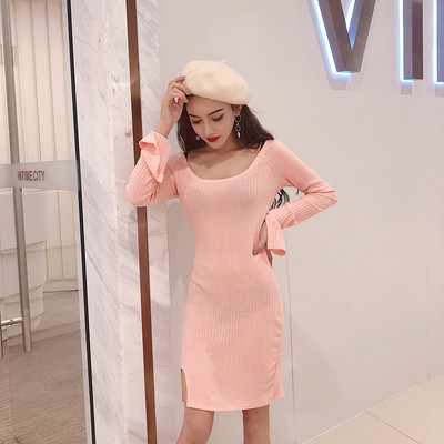 Γυναικείο φόρεμα μόδας με μανίκι λωτού σε ροζ και μαύρο χρώμα