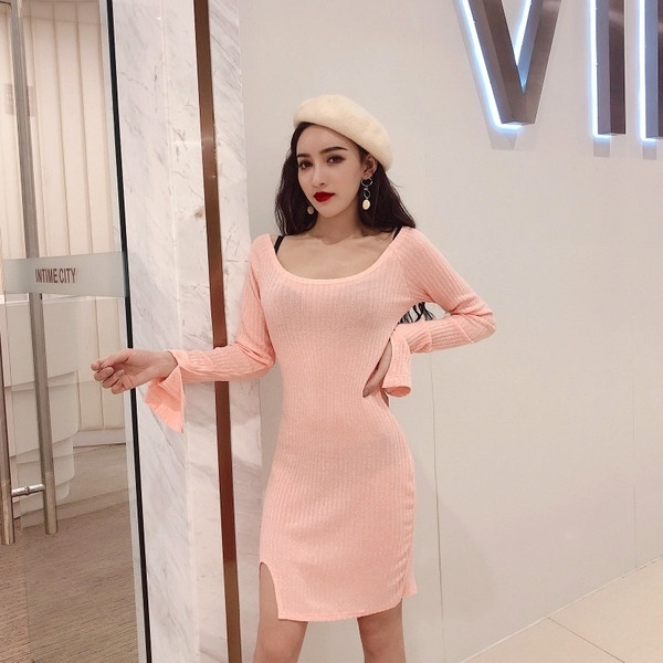 Γυναικείο φόρεμα μόδας με μανίκι λωτού σε ροζ και μαύρο χρώμα