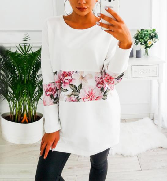 Modern női alkalmi blúz fehér, rózsaszín és fekete virágos motívumokkal