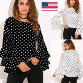 Bluza de dama cu maneca lotus cu puncte in alb si negru