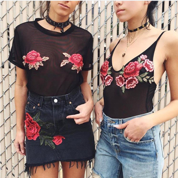 Body de dama transparent in negru cu broderie florala