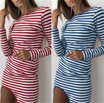 Alkalmi női csíkos ruha, kék és piros színben hasítékkal