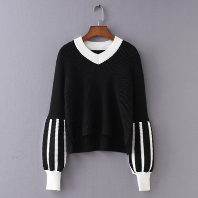 Pulover elegant de dama cu guler in forma de V in trei culori