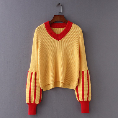 Pulover elegant de dama cu guler in forma de V in trei culori
