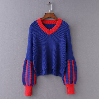Pulover elegant de dama cu guler in forma de V in trei culori