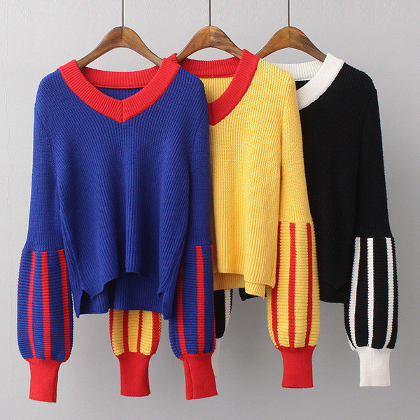 Pulover elegant de dama cu guler in forma de V in trei culori