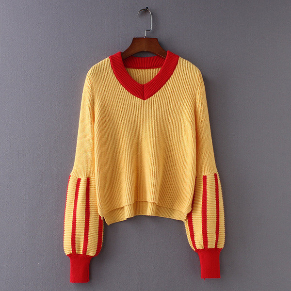 Pulover elegant de dama cu guler in forma de V in trei culori