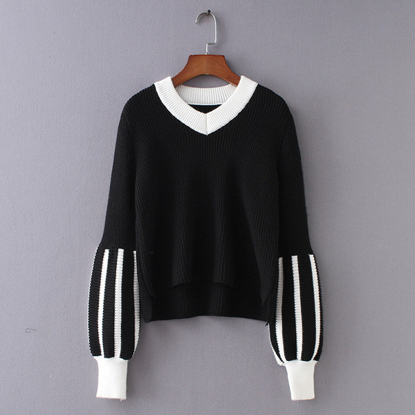 Pulover elegant de dama cu guler in forma de V in trei culori