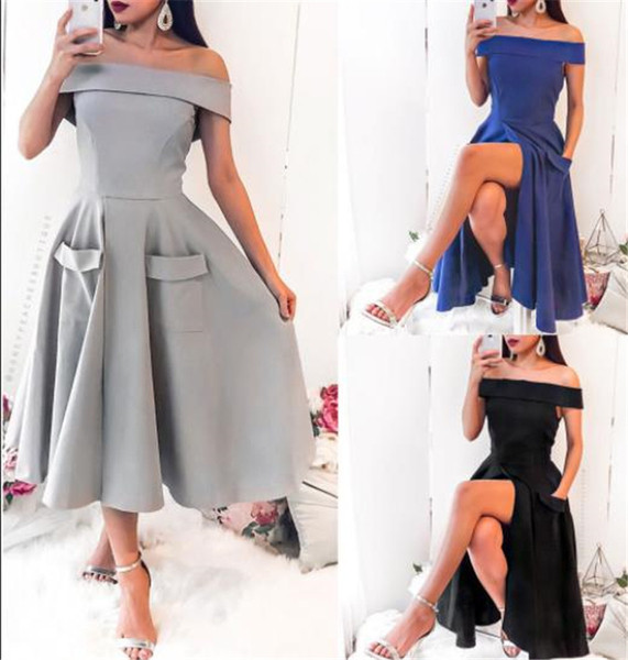 Νέο μοντέλο κυρίες φόρεμα μοτίβο κοπής με τσέπες και σχισμή σε τρία χρώματα