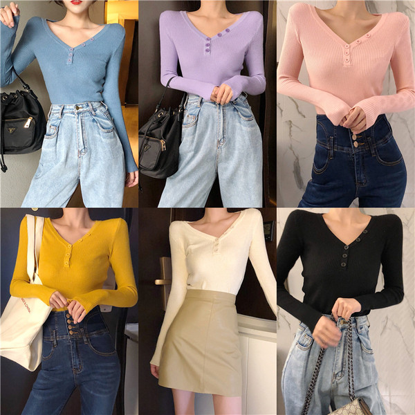 Női pulóver V-nyakkal több színben