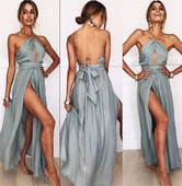 Női szatén ruha csupasz háttal, szürke slicceléssel