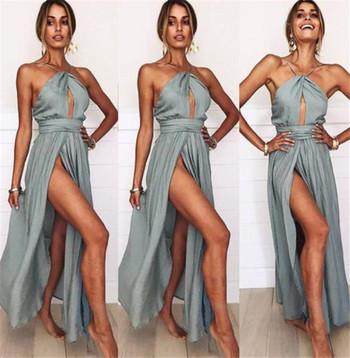 Női szatén ruha csupasz háttal, szürke slicceléssel