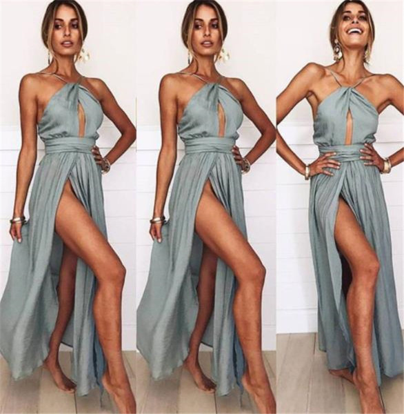 Női szatén ruha csupasz háttal, szürke slicceléssel