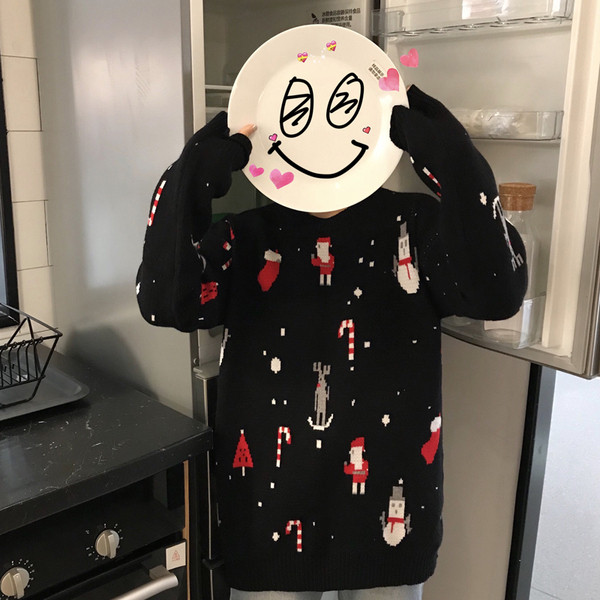 Friss pulóver karácsonyi motívumokkal fekete és piros színben, férfiaknak és nőknek egyaránt