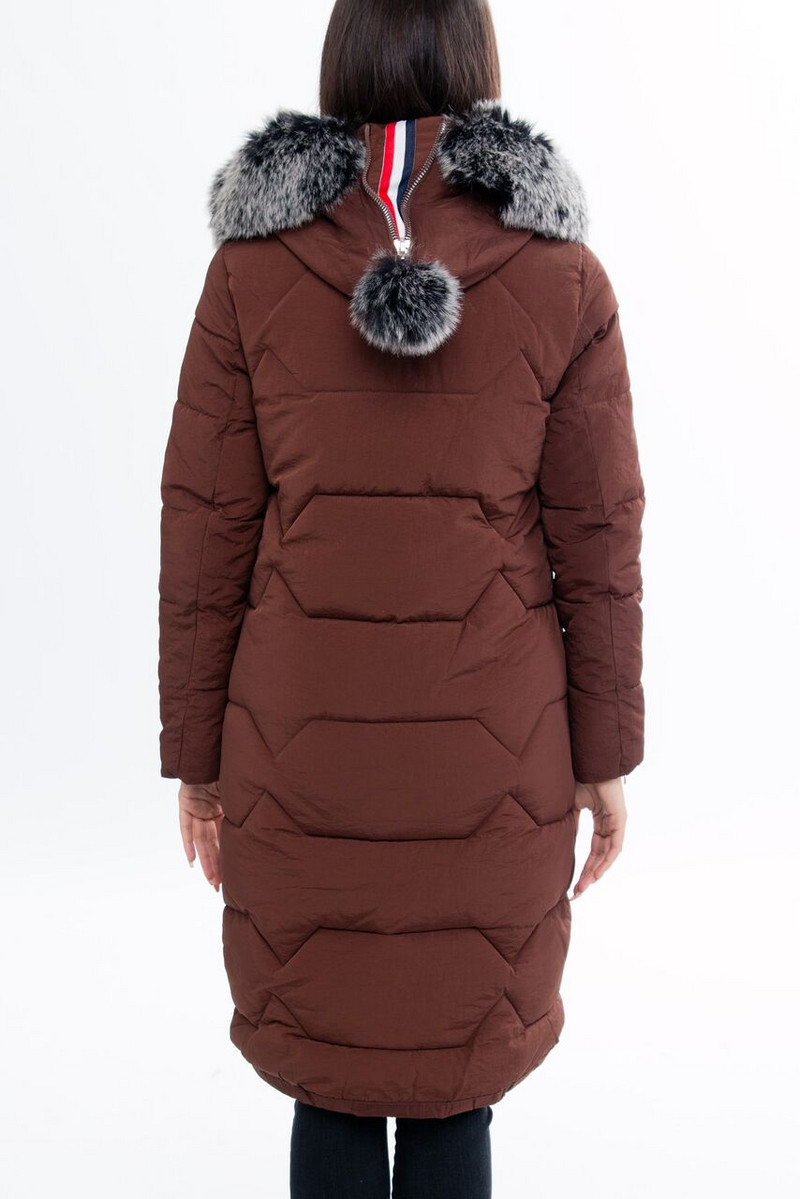 Дълго дамско яке за зимата с пух и цип на качулката в зелен, кафяв и черен цвят