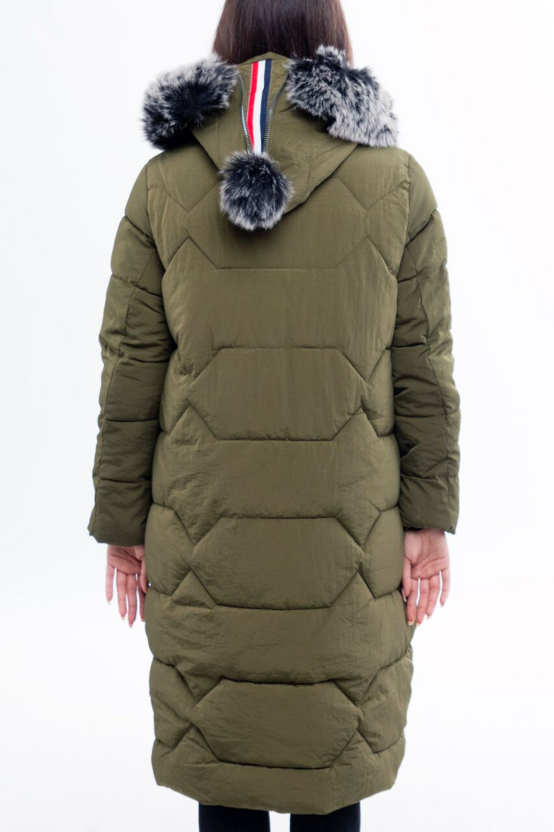 Дълго дамско яке за зимата с пух и цип на качулката в зелен, кафяв и черен цвят