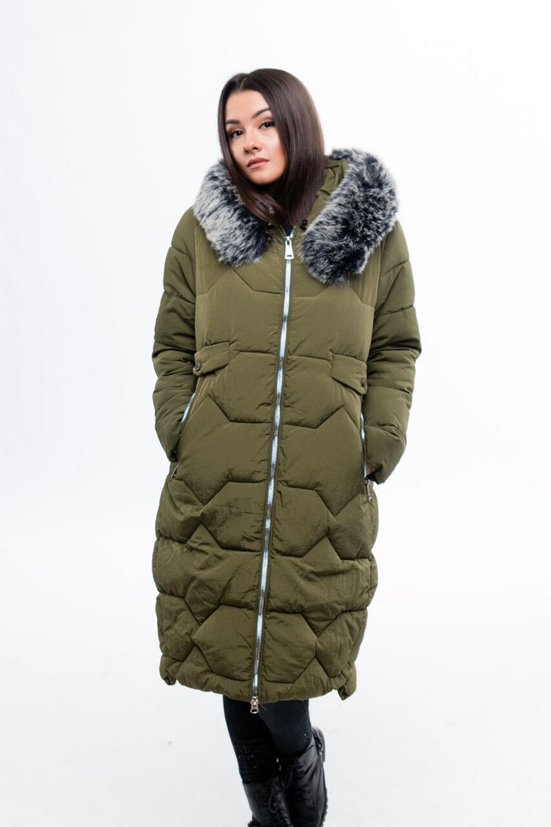 Дълго дамско яке за зимата с пух и цип на качулката в зелен, кафяв и черен цвят
