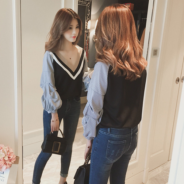 Дамска модерна риза с V-образно деколте в два цвята