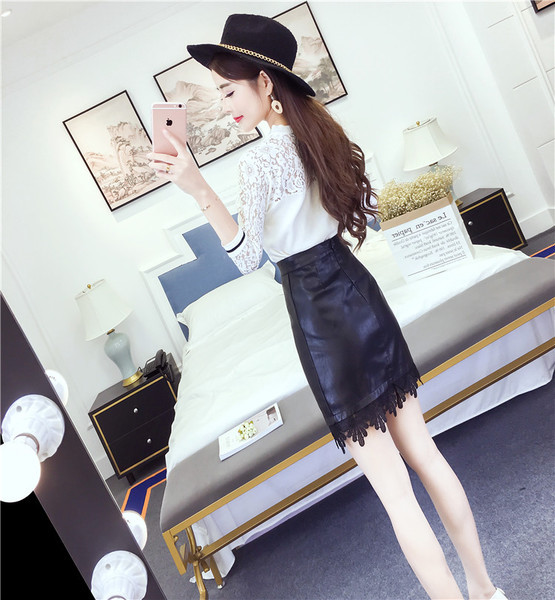 Γυναικεία δερμάτινη φούστα με μαύρη δαντέλα