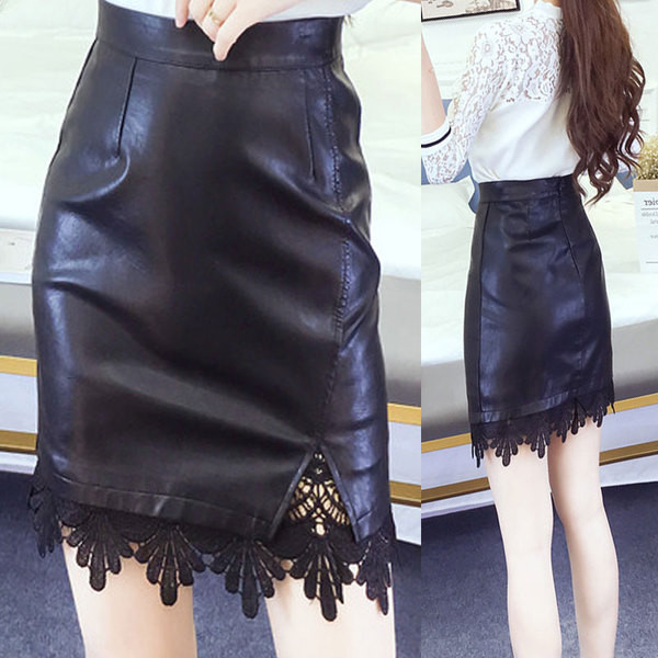 Γυναικεία δερμάτινη φούστα με μαύρη δαντέλα