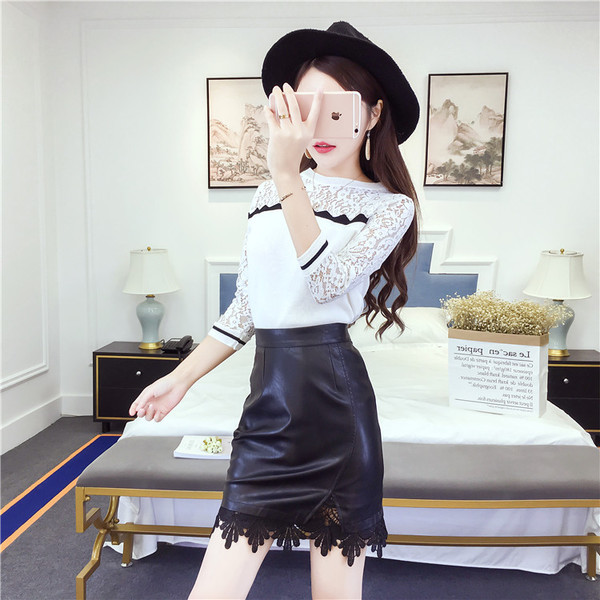 Γυναικεία δερμάτινη φούστα με μαύρη δαντέλα