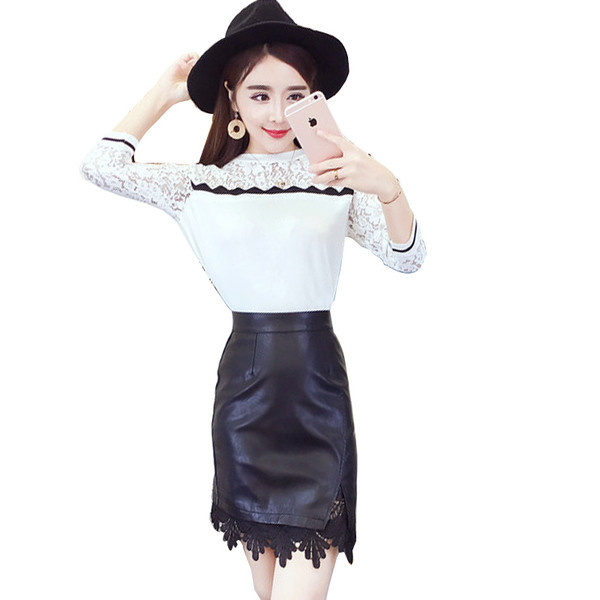 Γυναικεία δερμάτινη φούστα με μαύρη δαντέλα