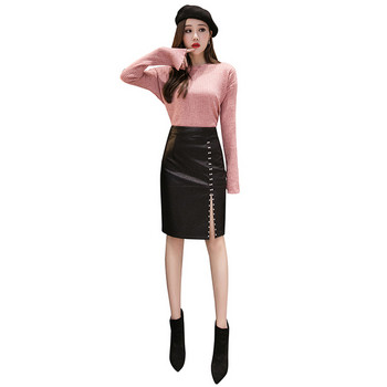 Fusta de dama din piele cu talie inalta de culoare neagra