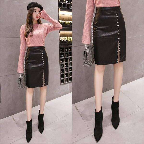 Fusta de dama din piele cu talie inalta de culoare neagra