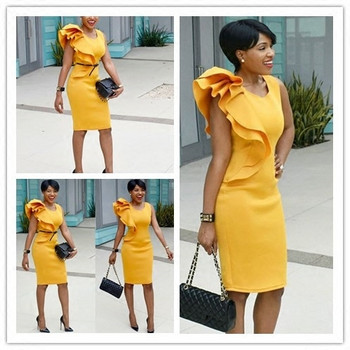 Стилна дамска рокля Slim модел в жълт цвят