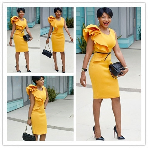 Стилна дамска рокля Slim модел в жълт цвят