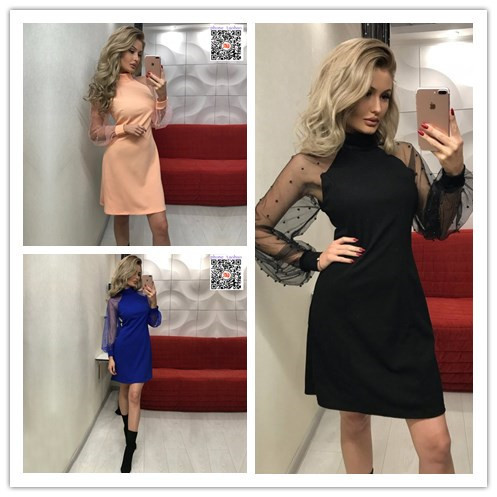 Стилна дамска рокля с прозрачни ръкави в няколко цвята