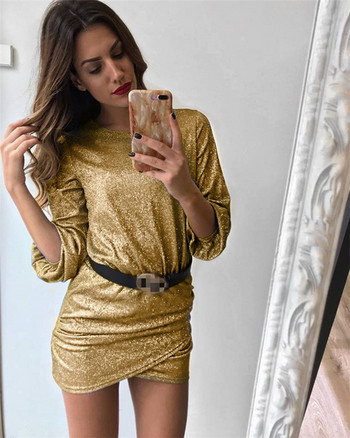 Модерна дамска рокля с О-образно деколте и лъскав ефект в няколко цвята