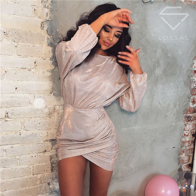 Модерна дамска рокля с О-образно деколте и лъскав ефект в няколко цвята