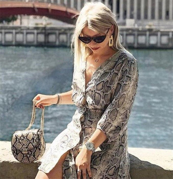 Ежедневна дамска рокля с V-образно деколте и принт 