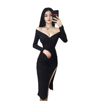 Модерна дамска рокля с V-образно деколте в черен цвят