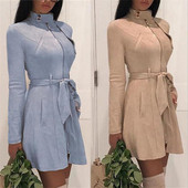 Модерна дамска рокля с джобове и колан на талията в няколко цвята