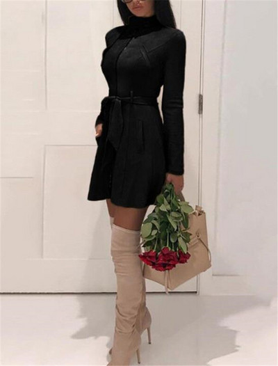 Модерна дамска рокля с джобове и колан на талията в няколко цвята