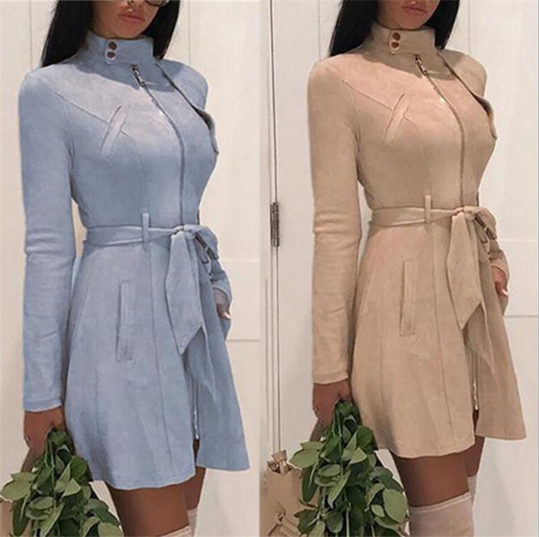 Модерна дамска рокля с джобове и колан на талията в няколко цвята 