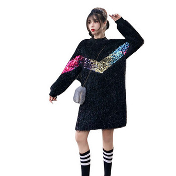 Пухена дамска рокля с цветни пайети в два цвята