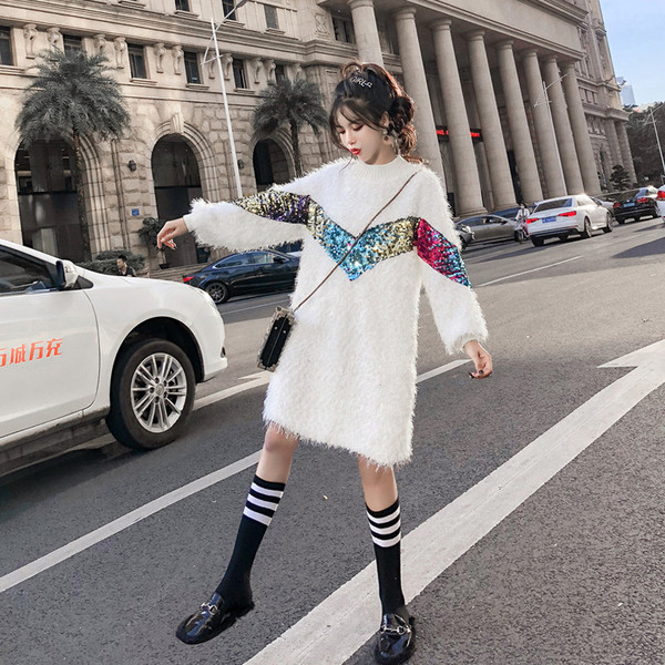 Пухена дамска рокля с цветни пайети в два цвята