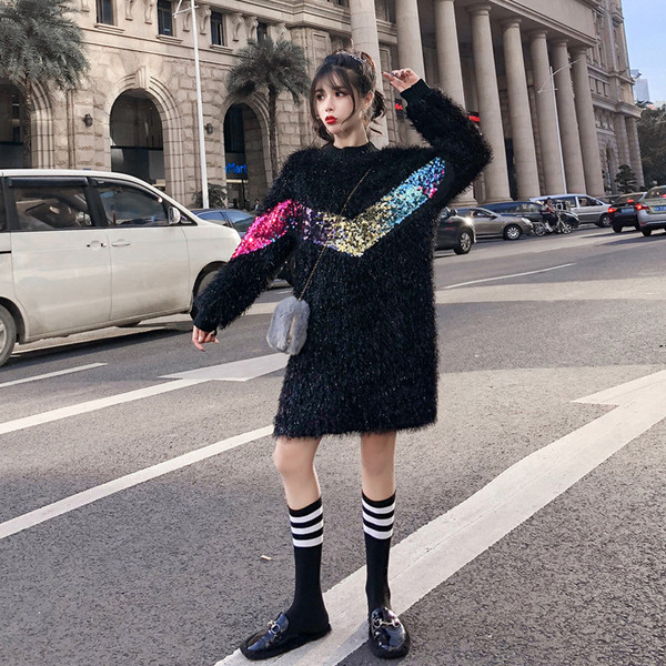 Пухена дамска рокля с цветни пайети в два цвята