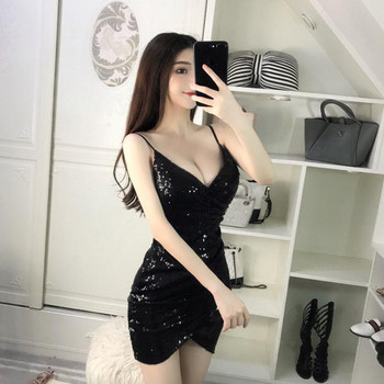 Къса дамска рокля с пайети и тънки презрамки в три цвята