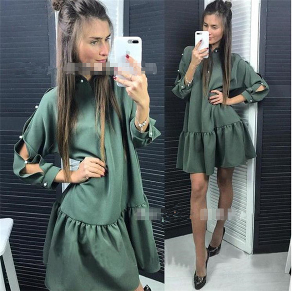 Модерна дамска рокля разкроен модел с декоративни перли в няколко цвята 