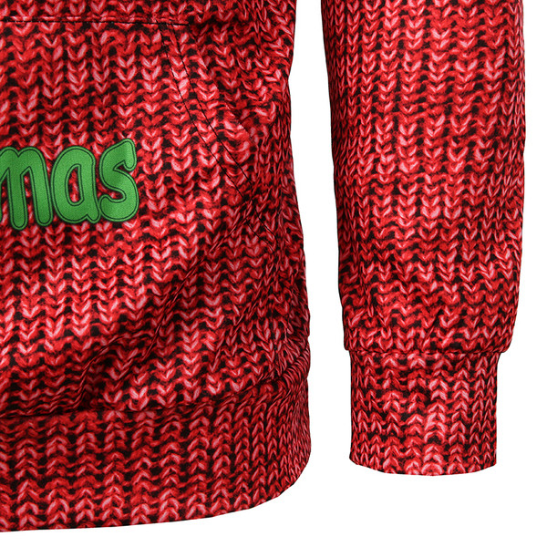 Férfi pulóver karácsonyi motívumokkal és piros kapucnival