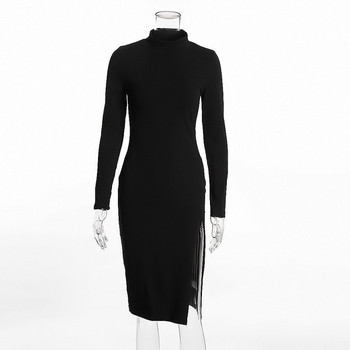 Стилна дамска рокля с цепка в бял ,черен и червен цвят 