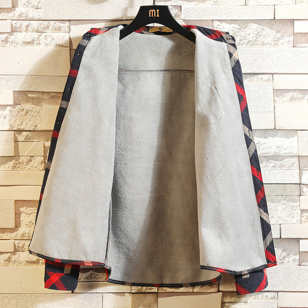 Плътна мъжка риза за зимата в червен и тъмносин цвят